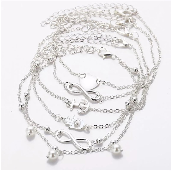 New 5Pcs Pearl Heart Infinity Ankle Bracelet Set - Picture 3 of 4
